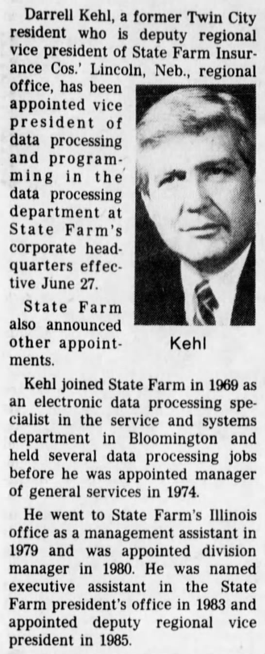 Darrell Kehl has been appointed VP of data processing and programming